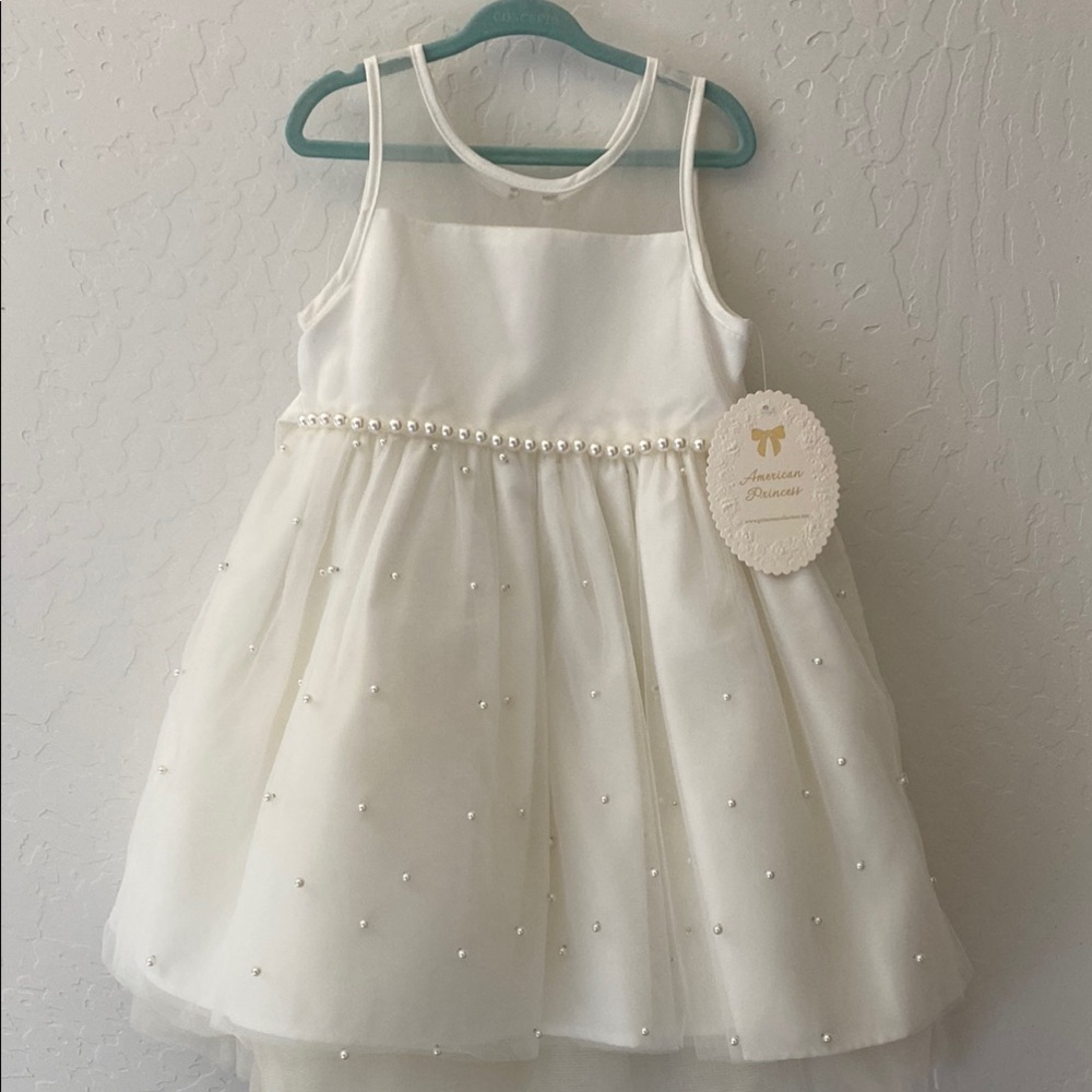 American Princess White Dress with Pearl Detail - Size 5